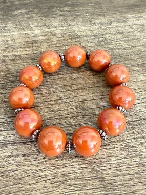 Chunky Beaded Stretch Bracelet Large Glossy iridescent Round Beads Orange